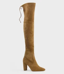 Vixen90 Block Heel Otk Stretch Boot In Tawny Suede