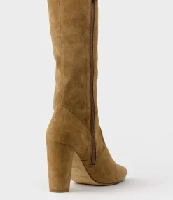 Vixen90 Block Heel Otk Stretch Boot In Tawny Suede