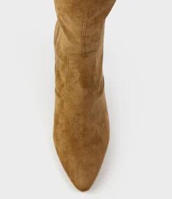Vixen90 Block Heel Otk Stretch Boot In Tawny Suede