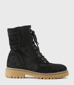 Woden Lace Up Combat Boot In Black Suede