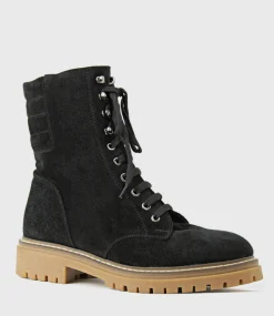 Woden Lace Up Combat Boot In Black Suede