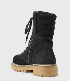 Woden Lace Up Combat Boot In Black Suede