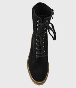 Woden Lace Up Combat Boot In Black Suede