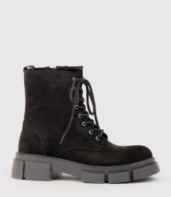 Wolfe Lace Up Boot On Chunky Sole In Black Suede