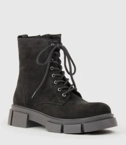 Wolfe Lace Up Boot On Chunky Sole In Black Suede