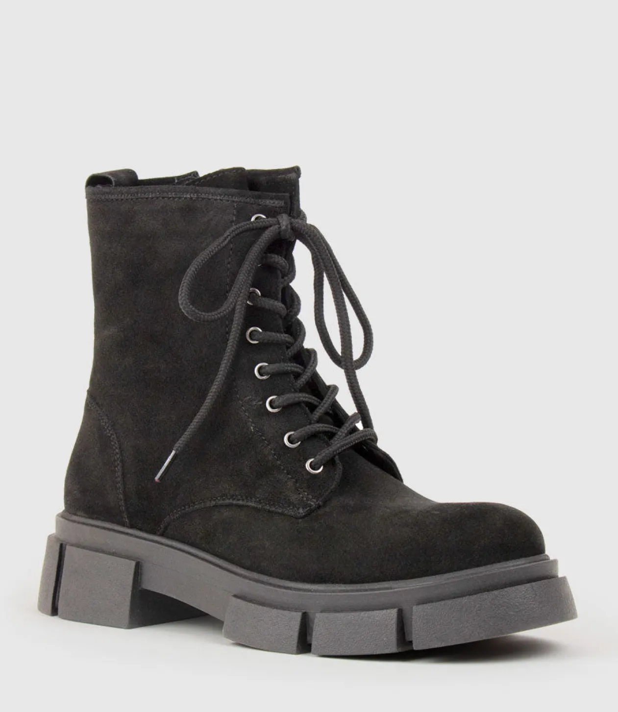 Wolfe Lace Up Boot On Chunky Sole In Black Suede