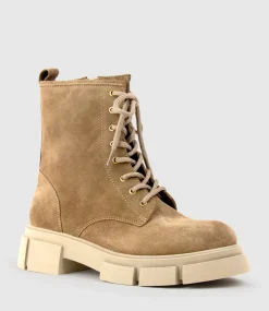 Wolfe Lace Up Boot On Chunky Sole In Beige Suede