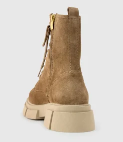 Wolfe Lace Up Boot On Chunky Sole In Beige Suede