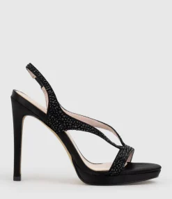 Wonder110 Jewelled Platform Sandal In Black Satin