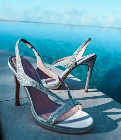 Wonder110 Jewelled Platform Sandal In Silver Satin