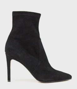 Zariah Fine Heel Sock Boot In Black Suede