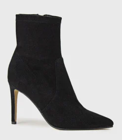 Zariah Fine Heel Sock Boot In Black Suede
