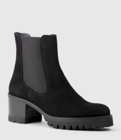 Zola Lug Sole Ankle Boot In Black Suede