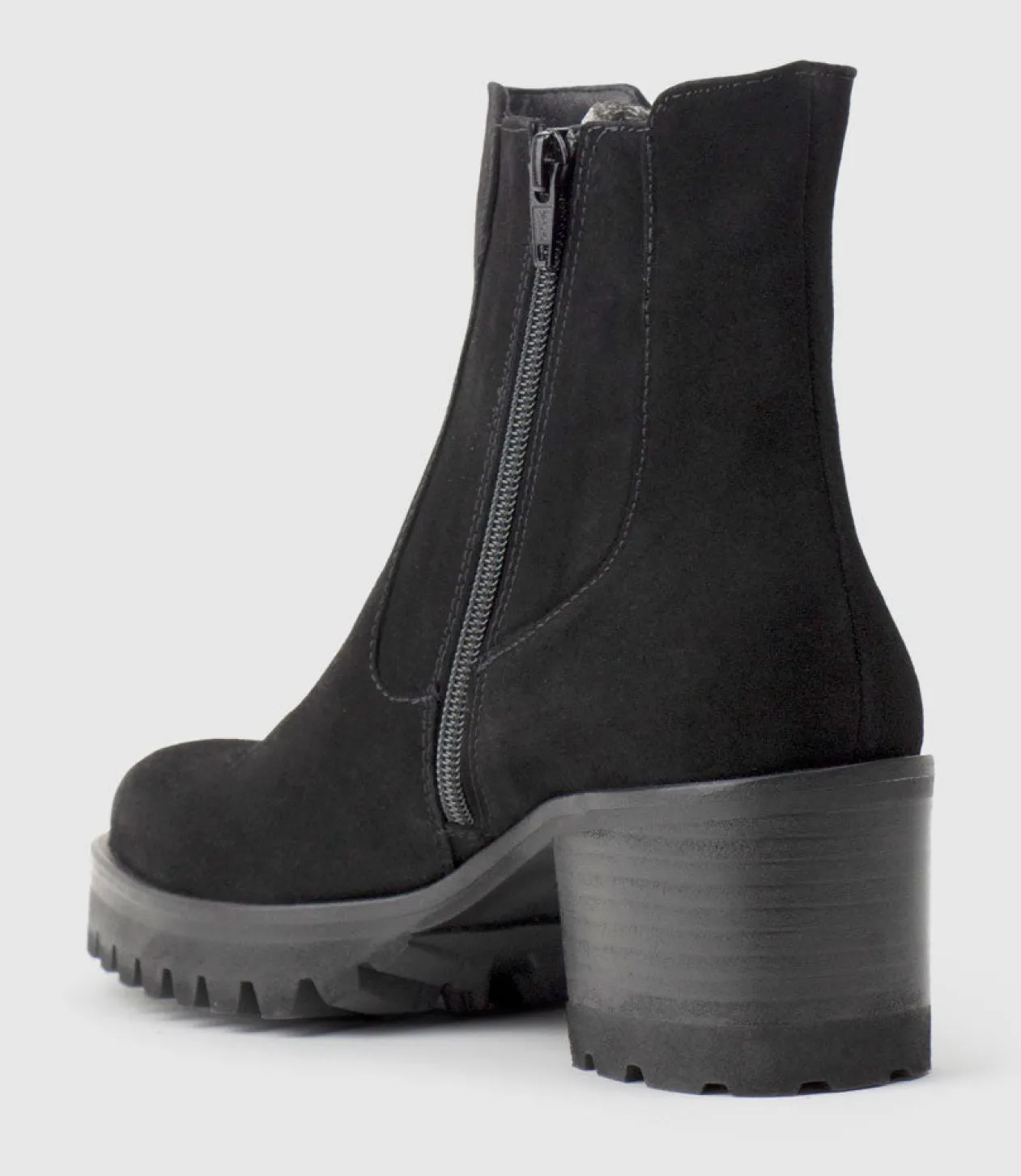 Zola Lug Sole Ankle Boot In Black Suede