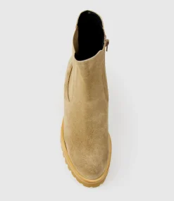Zola Lug Sole Ankle Boot In Camel Suede